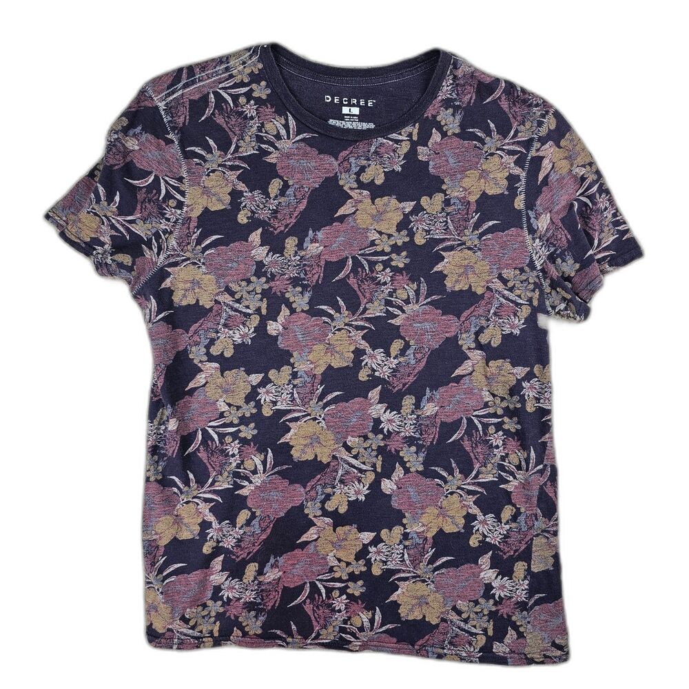 Decree Floral T-Shirt Mens Large Black Crew Neck Cotton Casual Graphic Tee